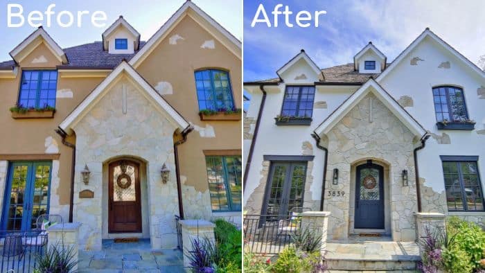 Before and after: tan stucco house repainted white with dark trim